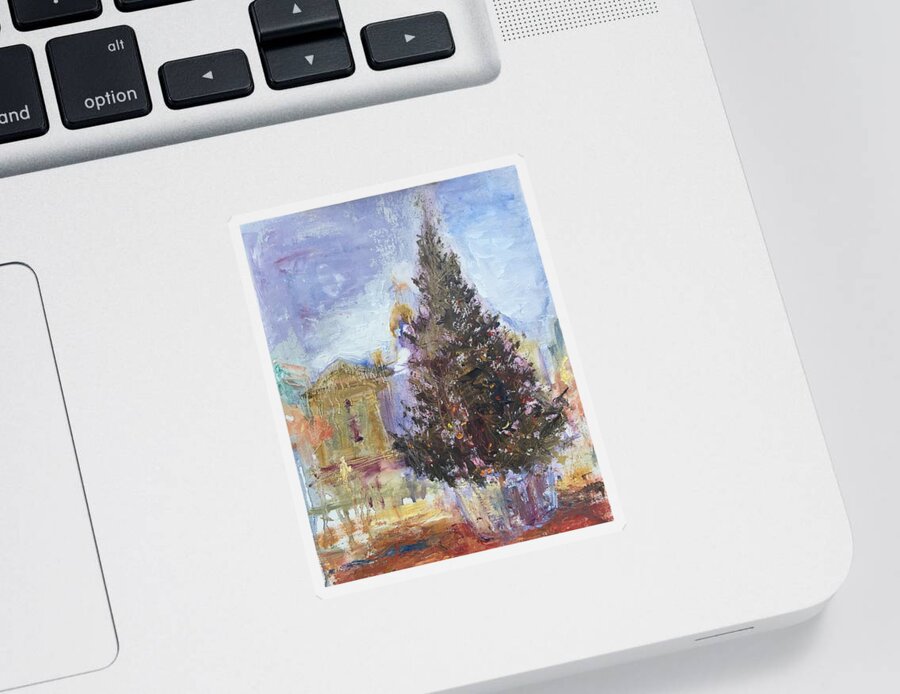 Christmas Tree Sticker featuring the painting Holiday in the City, Impressionist Oil Painting by Quin Sweetman