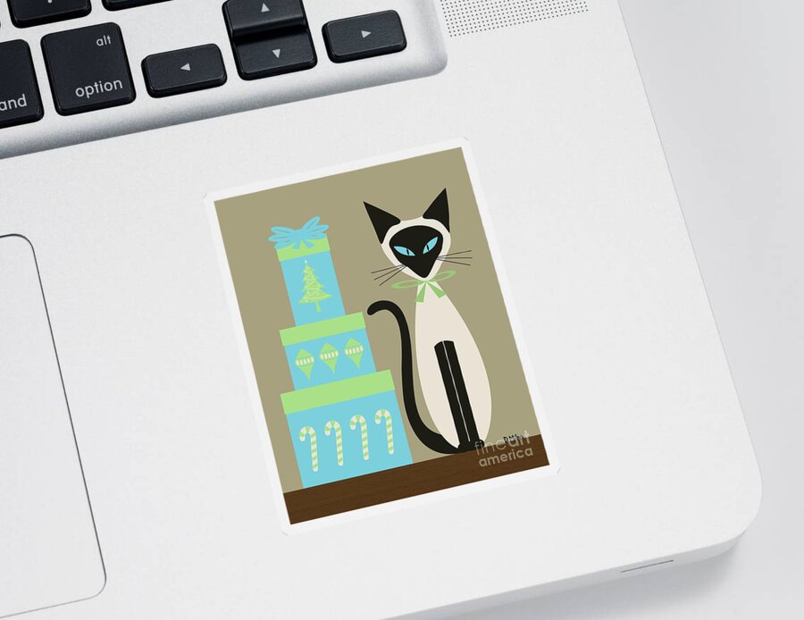 Mid Century Cat Sticker featuring the digital art Christmas Siamese with Presents by Donna Mibus