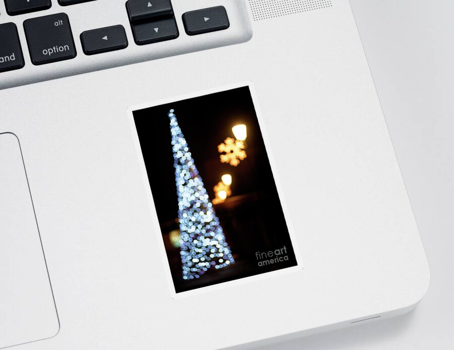 Christmas Sticker featuring the photograph Christmas tree with lights bokeh background. Christmas eve. by Jelena Jovanovic