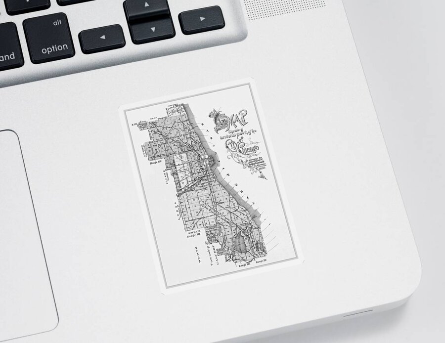 Chicago Sticker featuring the photograph City of Chicago Antique Map 1896 Black and White by Carol Japp