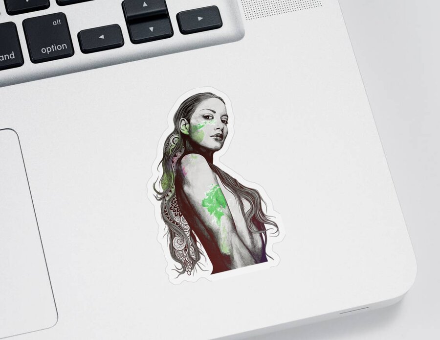 Beautiful Girl Sticker featuring the drawing Cleansing Undertones - acid green by Marco Paludet