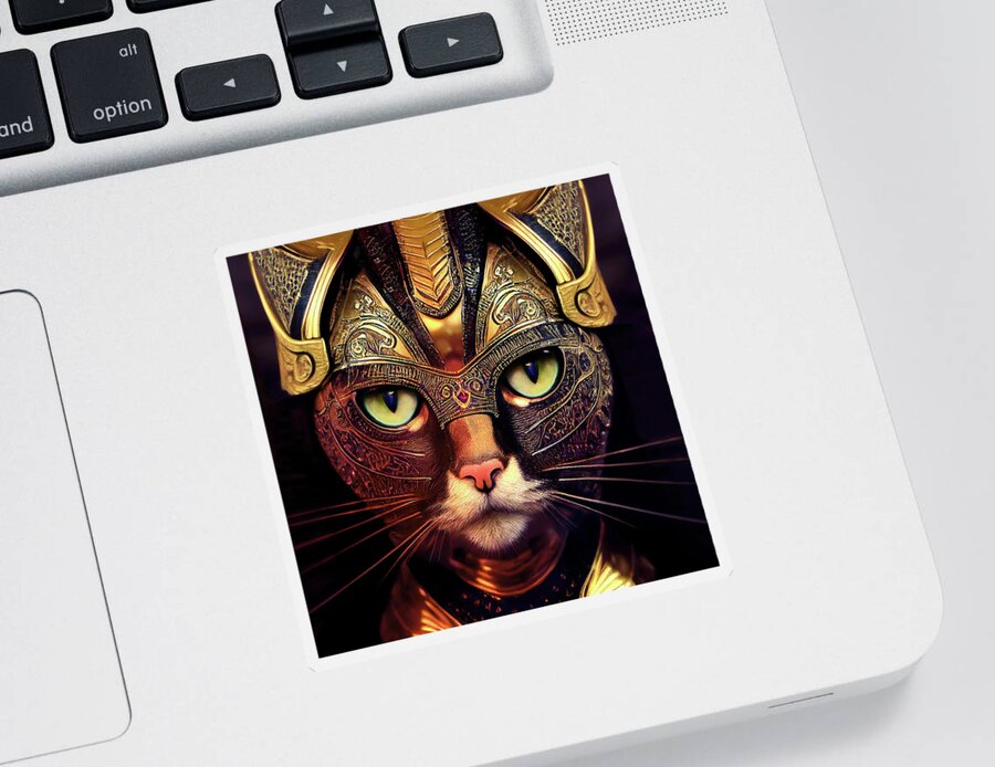 Tabby Cats Sticker featuring the digital art Cleo the Tabby Cat Warrior by Peggy Collins