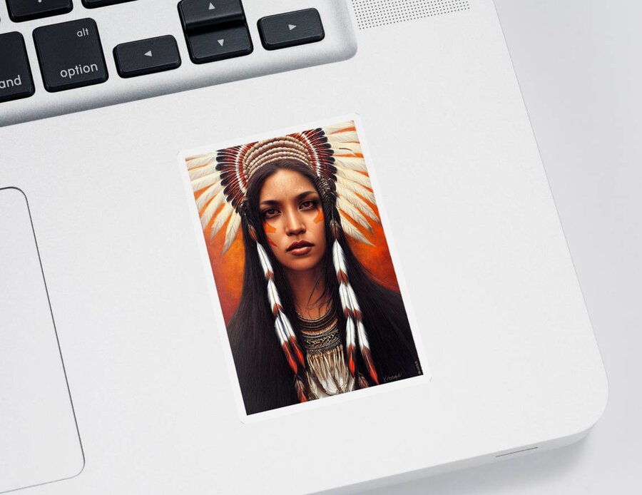 Beautiful Sticker featuring the painting Closeup Portrait Of Beautiful Native American Wom 44777eb4 86ef 451e 8412 15e4cf2e6574 by MotionAge Designs