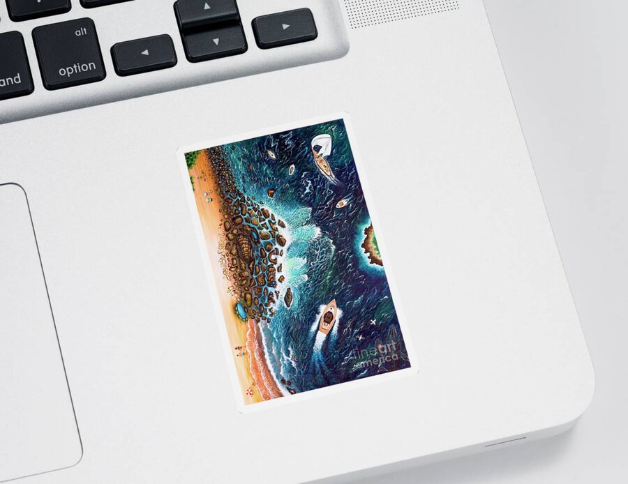Seascape Sticker featuring the painting Coastlines at a glance by Sudakshina Bhattacharya