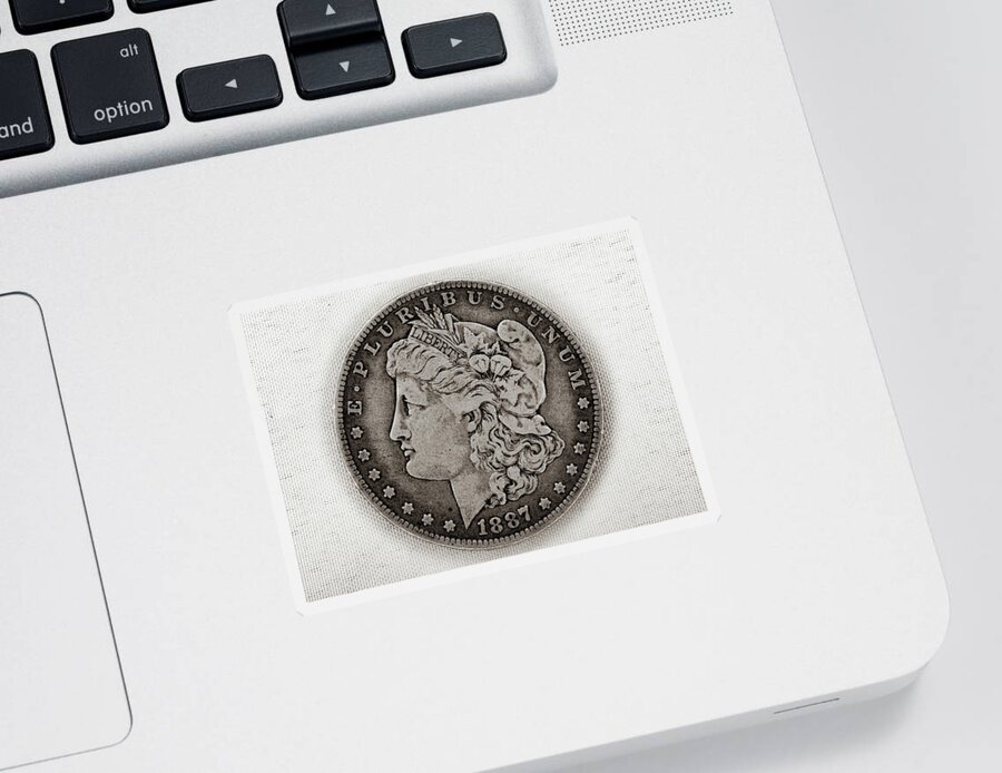 Antique Sticker featuring the photograph Coin Collecting - 1887 Morgan Dollar Face Side by Amelia Pearn