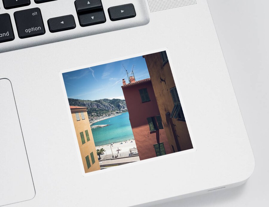 Architecture Sticker featuring the photograph Color contrast in Menton on the French Riviera. Blue sea, orange by Jean-Luc Farges
