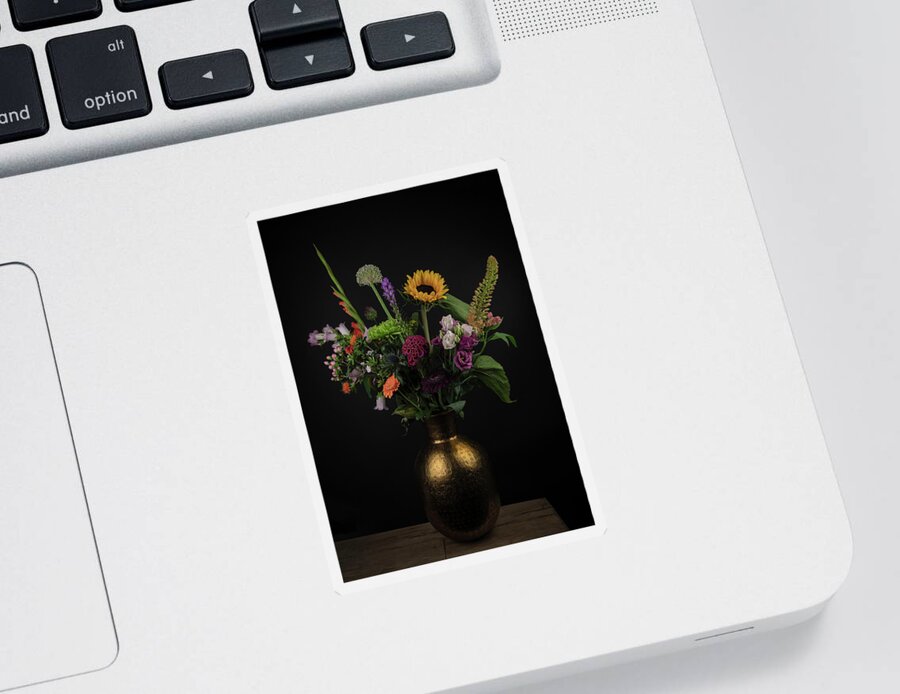Colorful Sticker featuring the photograph Colorful bouquet of flowers in a gold by Marjolein Van Middelkoop