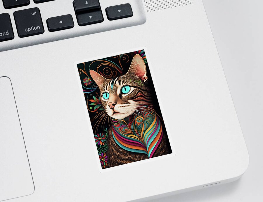 Tabby Cats Sticker featuring the digital art Colorful Contemporary Tabby Cat by Peggy Collins