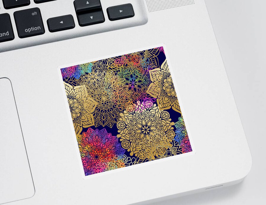Mandala Sticker featuring the digital art Colorful Gold Mandala Pattern In Dark Background by Sambel Pedes