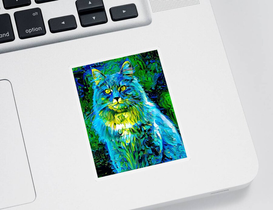 Maine Coon Sticker featuring the digital art Colorful Maine Coon cat sitting - green and blue palette knife oil texture by Nicko Prints