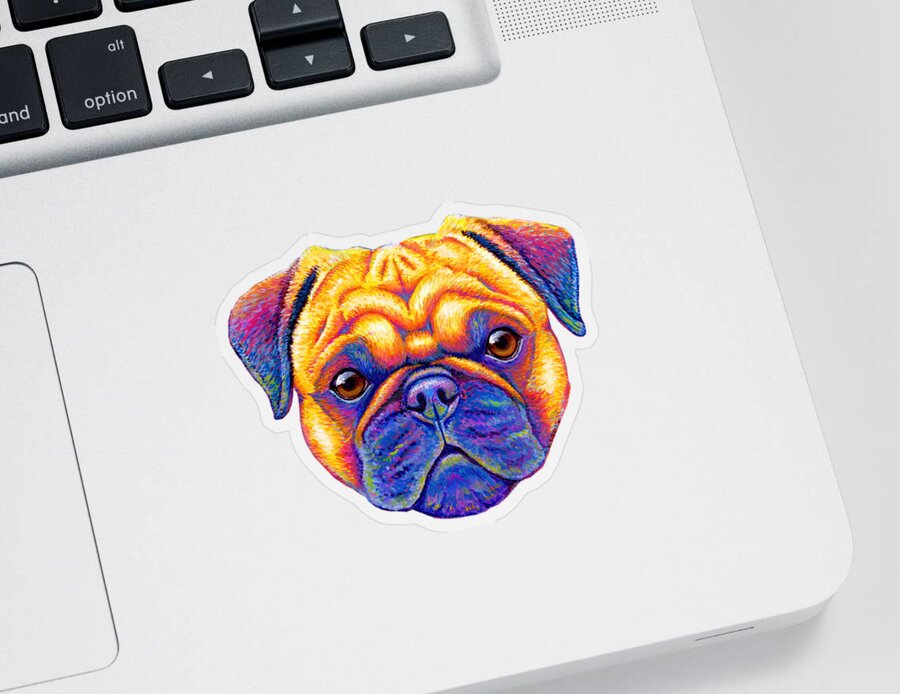 Pug Sticker featuring the painting Colorful Rainbow Pug Dog Portrait by Rebecca Wang