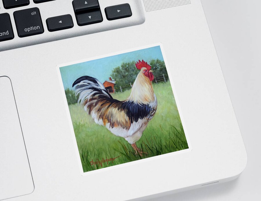 Rooster Sticker featuring the painting Colorful Rooster and Red Barn Landscape and Scene by Cheri Wollenberg by Cheri Wollenberg