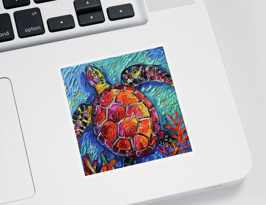 Colorful Turtle Sticker featuring the painting COLORFUL TURTLE 1 commissioned palette knife oil painting Mona Edulesco by Mona Edulesco