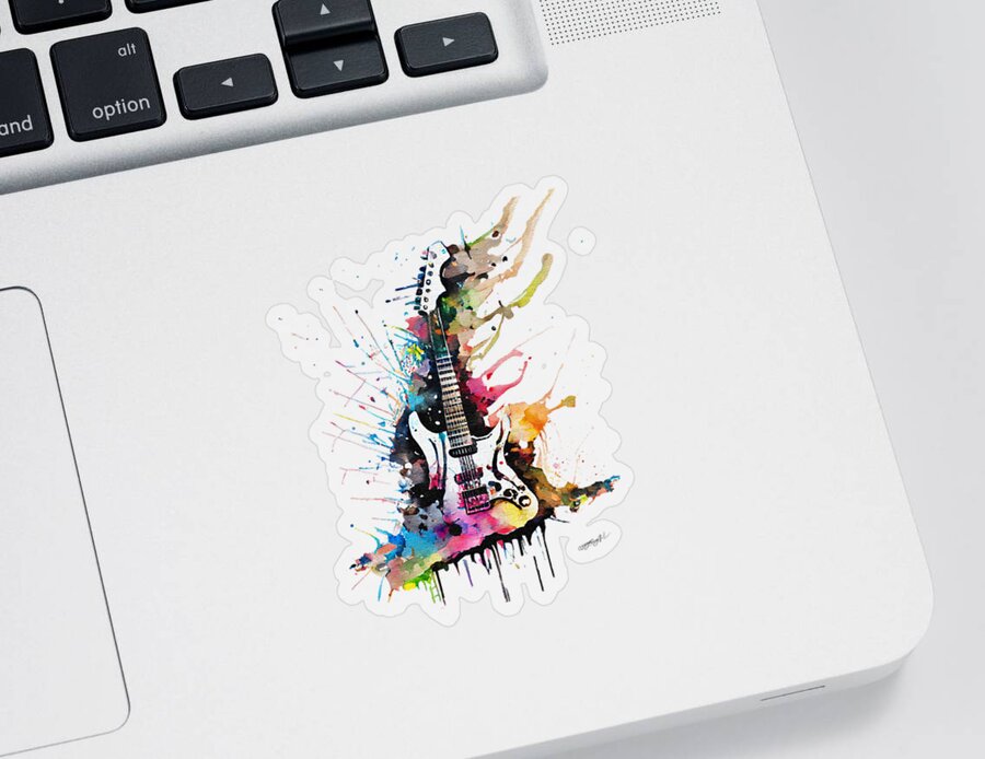 Music Sticker featuring the digital art Colorful Watercolor guitar illustration on white background by Lena Owens - OLena Art Vibrant Palette Knife and Graphic Design