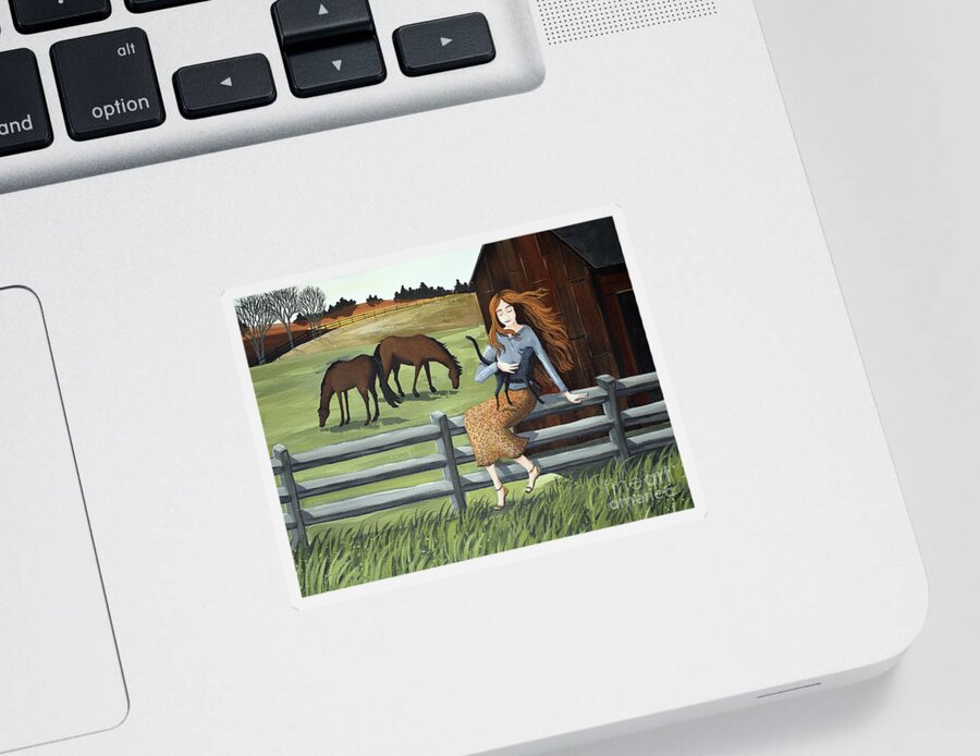 Country Sticker featuring the painting Country Girl farm horse cat by Debbie Criswell