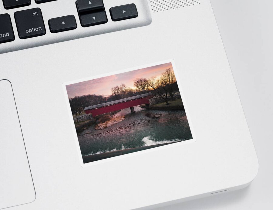 Wehr Sticker featuring the photograph Covered Bridge Sunrise from Wehr's Dam by Jason Fink