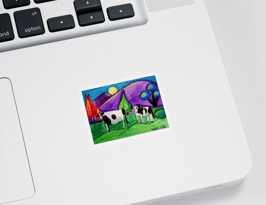 Whimsical Cow Painting Sticker featuring the painting Cows Under The Moon by Monica Resinger