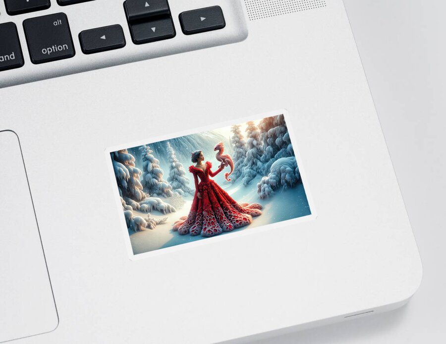Fantasy Sticker featuring the photograph Crimson Elegance Amidst Winter's Whisper by Bill and Linda Tiepelman
