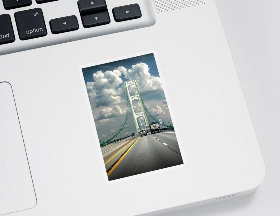 Bridge Sticker featuring the photograph Crossing the Mackinac Bridge going north by Randall Nyhof