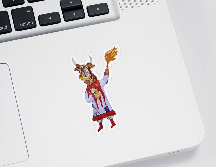 Bull Sticker featuring the painting Cute Bull with the Gingerbread by Maria Sibireva