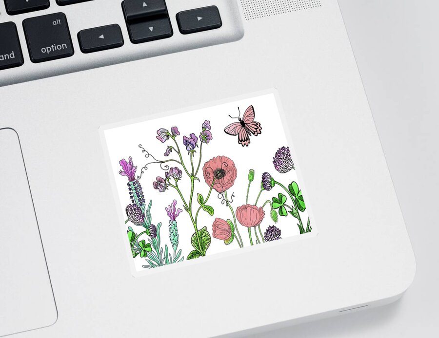 Wildflowers Sticker featuring the painting Cute Butterfly In Wildflower Garden With Clover Sweet Peas Lavender Pink Poppies Watercolor by Irina Sztukowski