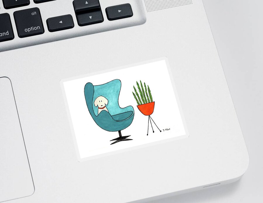 Arne Jacobsen Egg Chair Sticker featuring the painting Cute Dog in Teal Arne Jacobsen Chair by Donna Mibus