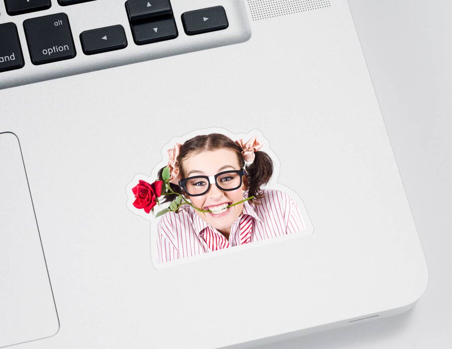 Funny Sticker featuring the photograph Cute Smiling Woman Wearing Nerd Glasses With Rose by Jorgo Photography