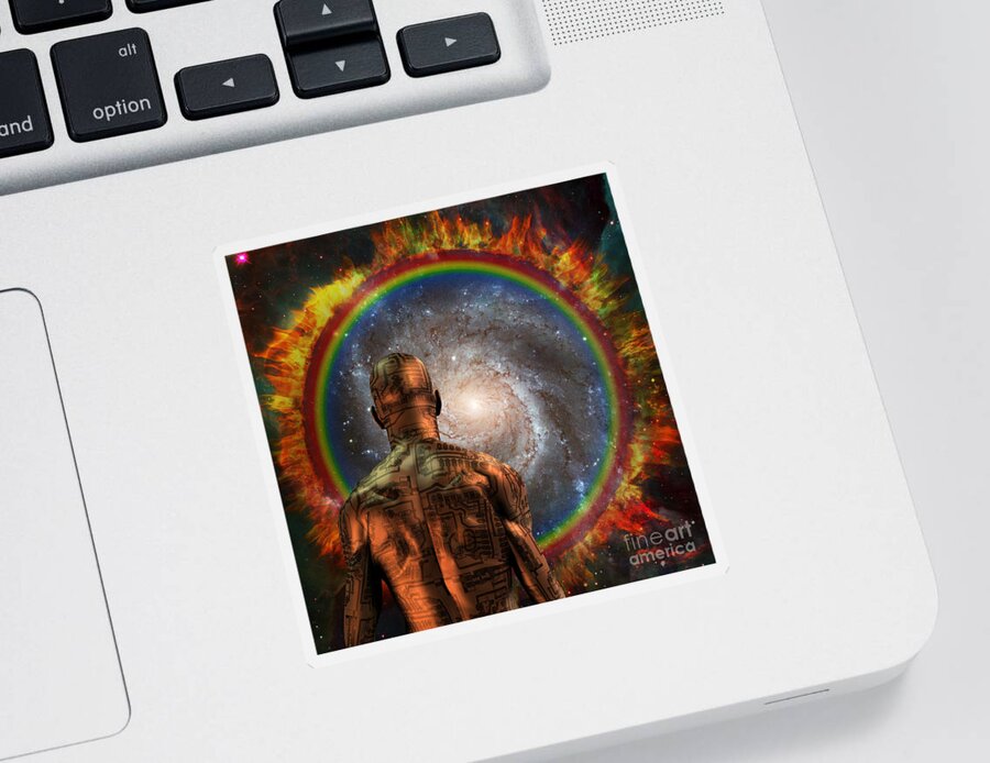 Cyborg Sticker featuring the digital art Cyborg before the space portal by Bruce Rolff