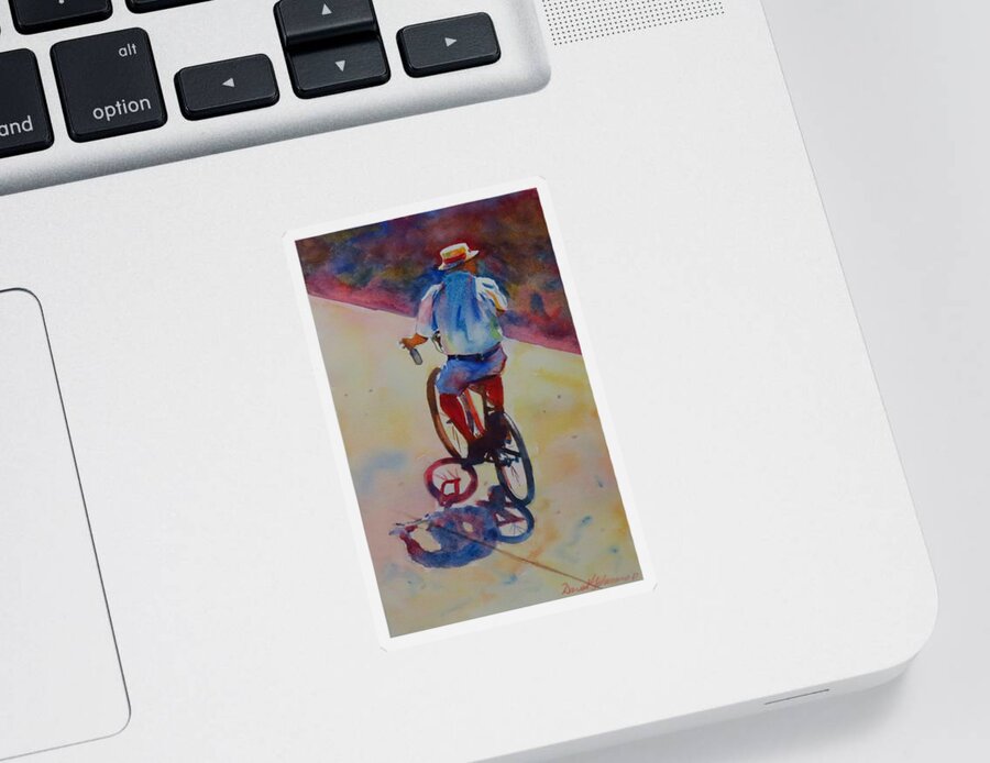Landscape Sticker featuring the painting Cyclist in the Sun-G.Berry #68 by David Gilmore
