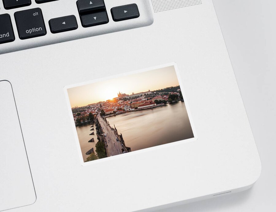 Castle Sticker featuring the photograph Czech capital city with Charles bridge at sunset by Vaclav Sonnek