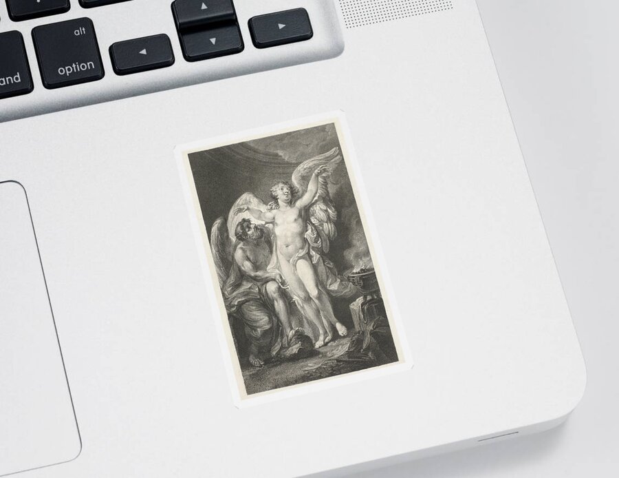 Christian Friedrich Stolzel Sticker featuring the drawing Daedalus teaches Icarus how to fly by Christian Friedrich Stolzel