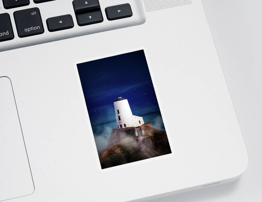 Tŵr Mawr Lighthouse Sticker featuring the photograph Dark and moody Twr Mawr Lighthouse, North Wales by Victoria Ashman