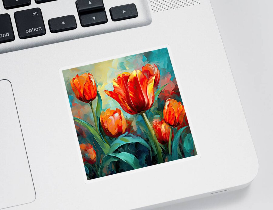 Red Tulips Sticker featuring the digital art Devotion To One's Love - Red Tulips Painting by Lourry Legarde