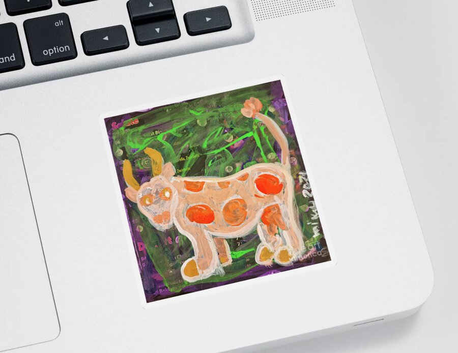 Cow Sticker featuring the mixed media Die Orange-Gfleckte by Mimulux Patricia No