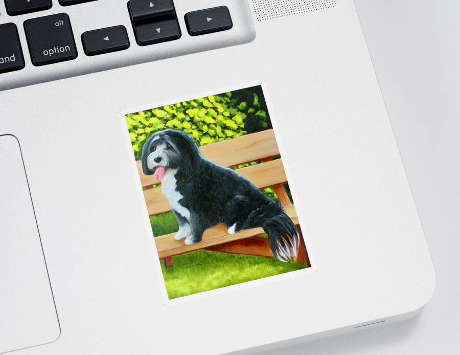 Pet Portrait Sticker featuring the painting Dog on a Park Bench by Tracy Hutchinson