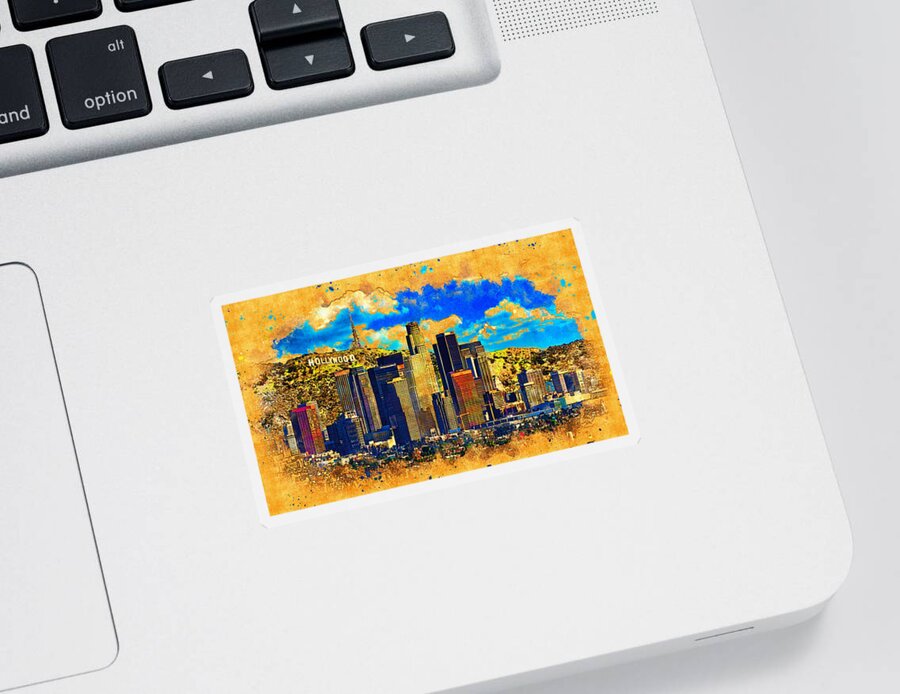 Los Angeles Sticker featuring the digital art Downtown Los Angeles skyline with the Hollywood sign in the background - digital painting by Nicko Prints