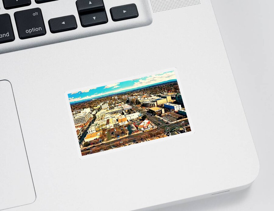 Modesto Sticker featuring the digital art Downtown Modesto, California - aerial by Nicko Prints