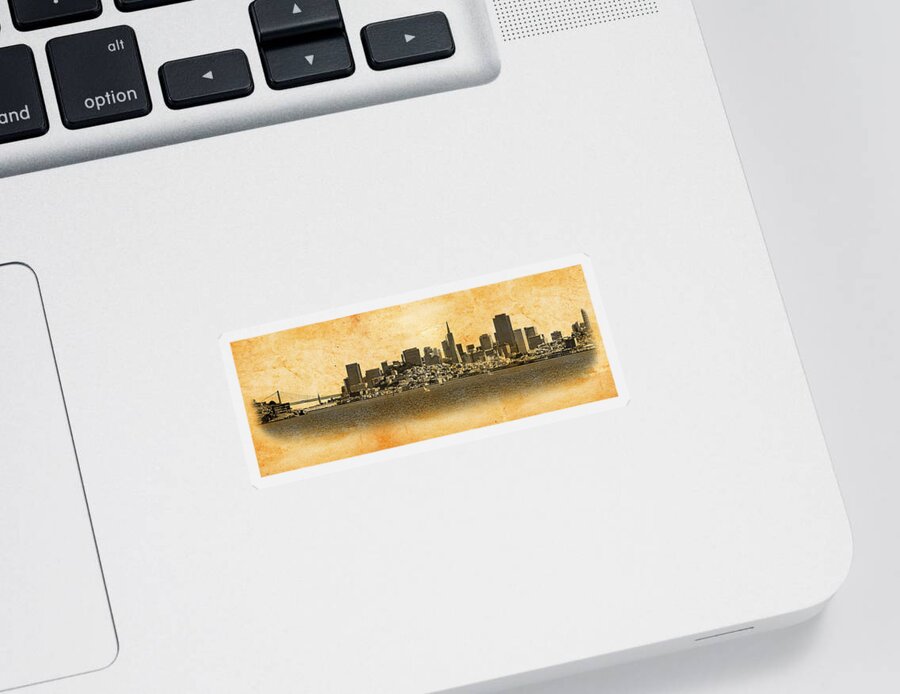 San Francisco Sticker featuring the digital art Downtown San Francisco skyline and the Golden Gate bridge - blended on old paper by Nicko Prints