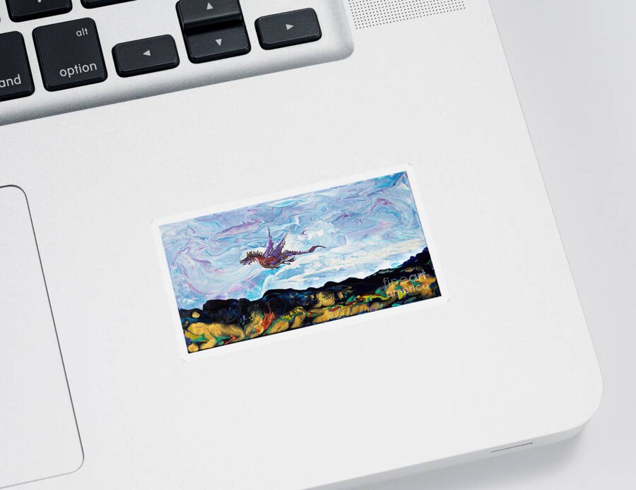 Dragon Fantasy Landscape Sticker featuring the painting Dragon Breezin By7403 by Priscilla Batzell Expressionist Art Studio Gallery