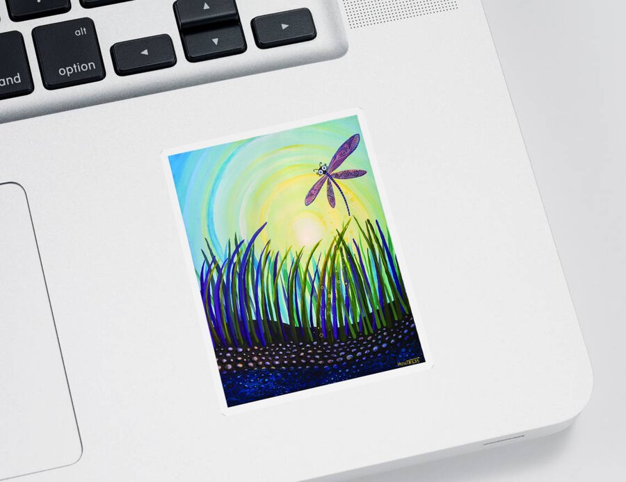 Dragon Fly Sticker featuring the painting Dragonfly at the Bay III by Mindy Huntress