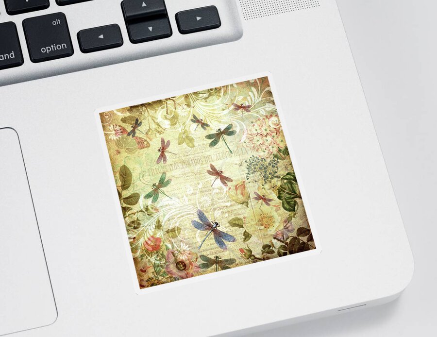 Dragonflies Sticker featuring the mixed media Dragonfly Dreams - Antiqued by Peggy Collins