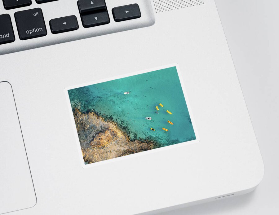 Seascape Sticker featuring the photograph Drone aerial of seascape with idyllic blue calm blue water. Fig tree bay beach Protaras Cyprus by Michalakis Ppalis