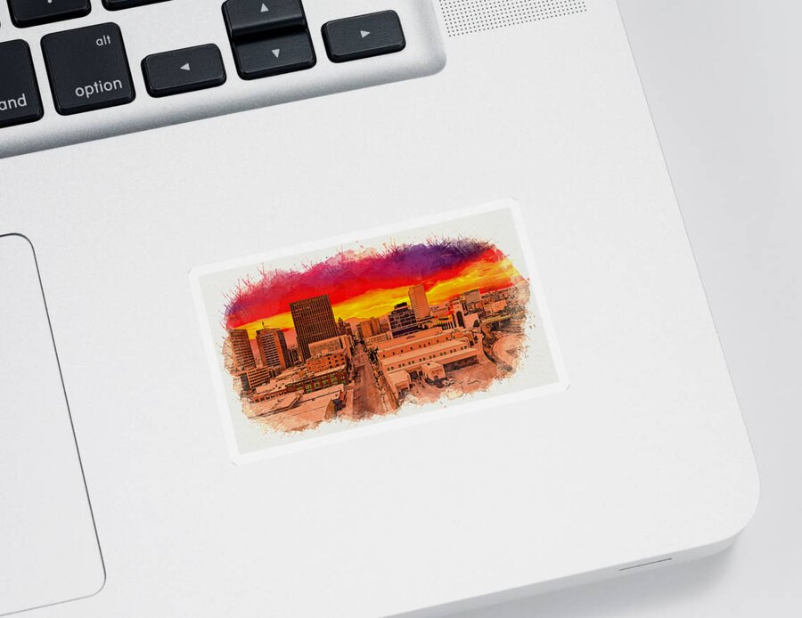 El Paso Sticker featuring the digital art East Mills Avenue in downtown El Paso at sunset - watercolor painting by Nicko Prints