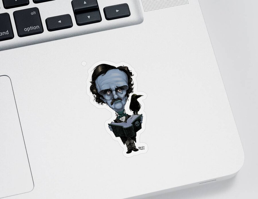 Caricature Sticker featuring the drawing Edgar Allan Poe, blue by Mike Scott