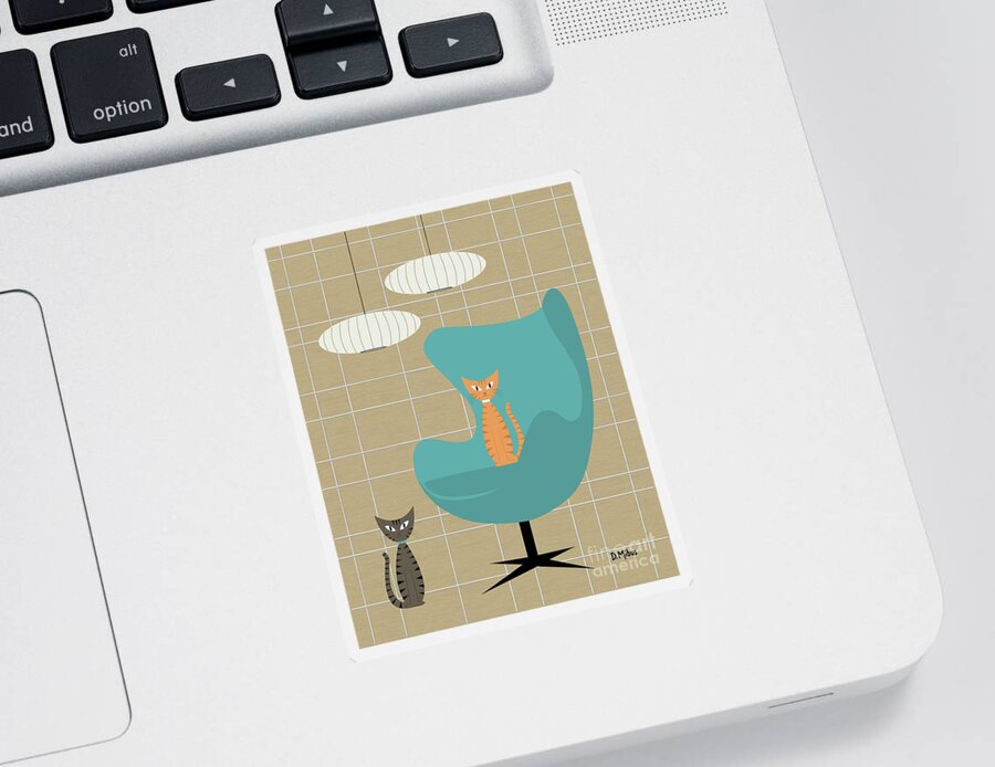 Mid Century Cat Sticker featuring the digital art Egg Chair with Tabby and Ginger Cats by Donna Mibus