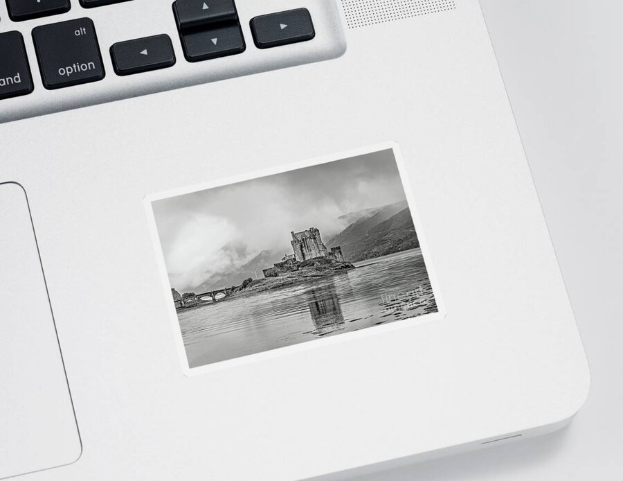 Black And White Sticker featuring the photograph Eilean Donan Castle by Tom Watkins PVminer pixs