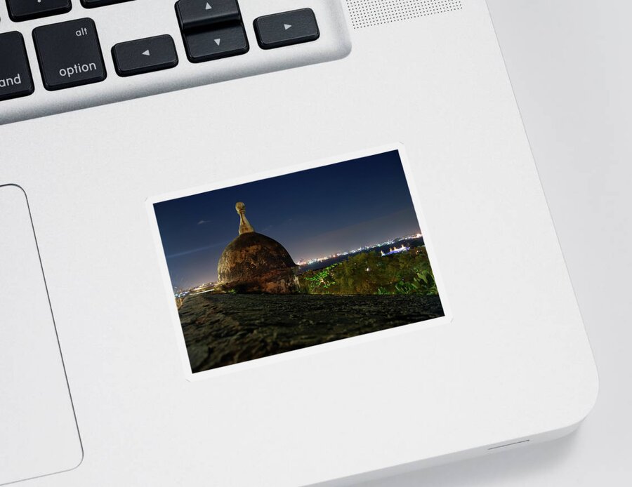 Puerto Rico Sticker featuring the photograph El Morro Watchtower Night View by Flinn Hackett