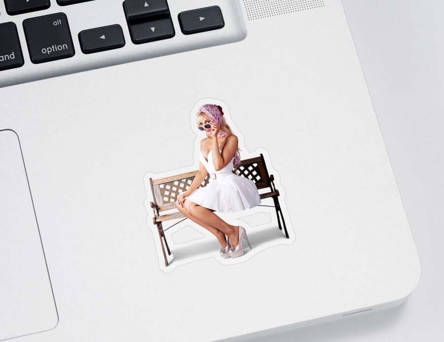 Retro Sticker featuring the photograph Elegant pinup lady sitting alone on park bench by Jorgo Photography