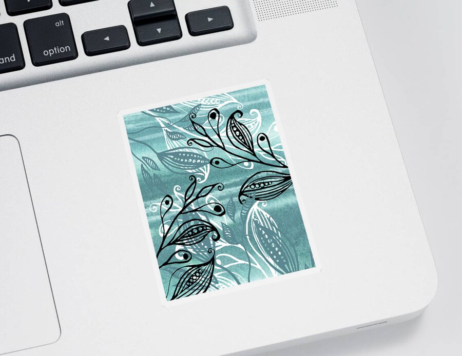 Pods Sticker featuring the painting Elegant Pods And Seeds Pattern With Leaves Teal Blue Watercolor V by Irina Sztukowski