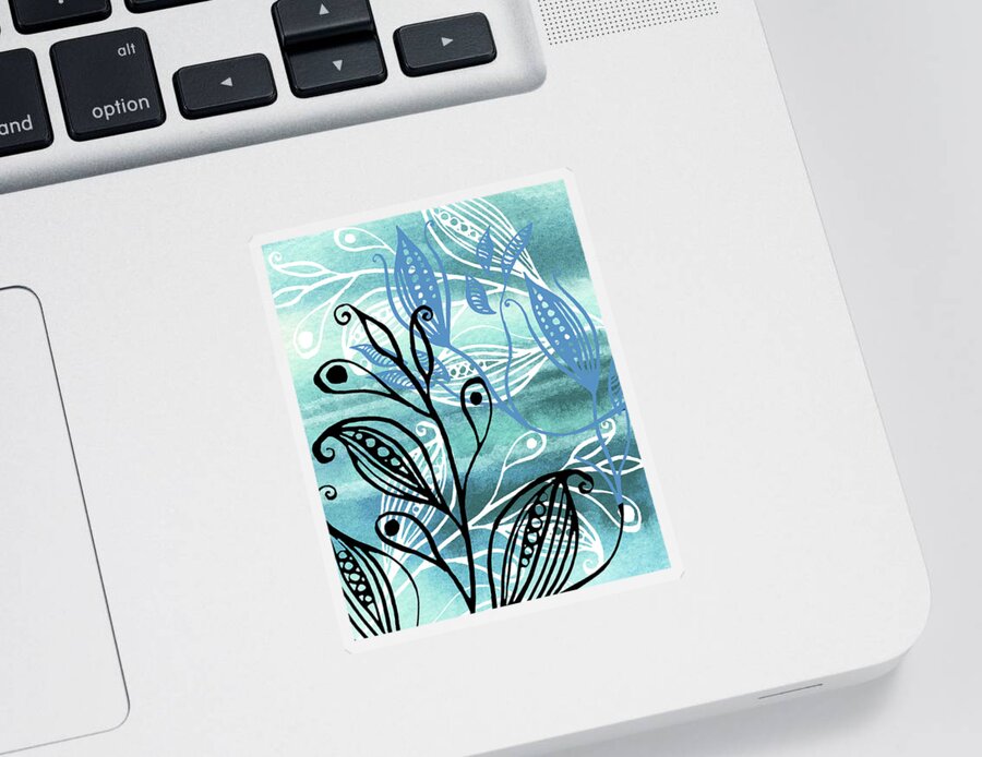 Pods Sticker featuring the painting Elegant Pods And Seeds Pattern With Leaves Teal Blue Watercolor VI by Irina Sztukowski